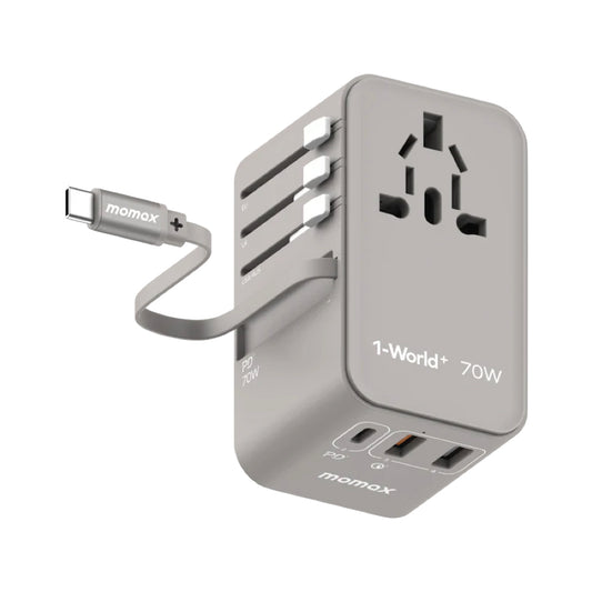 MOMAX 1-World+ 70W GaN 3-Port w/ Built-in USB-C Cable + AC Travel Adaptor (Grey)