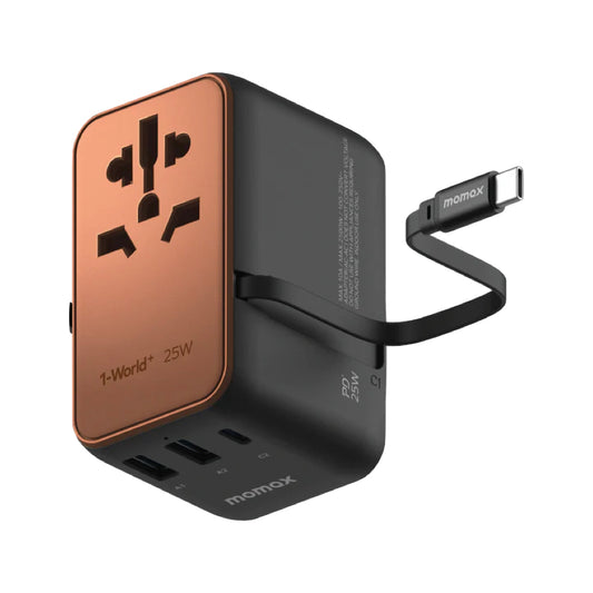 MOMAX 1-World+ 25W 3-Port w/ Built-in USB-C Cable + AC Travel Adaptor (Sandstone)