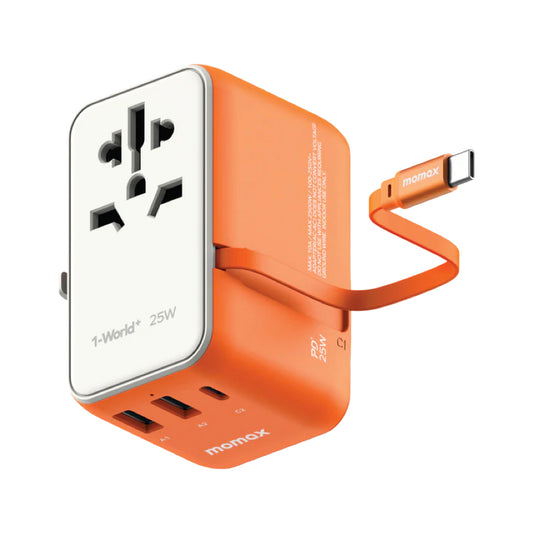 MOMAX 1-World+ 25W 3-Port w/ Built-in USB-C Cable + AC Travel Adaptor (Orange)