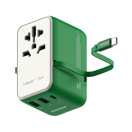 MOMAX 1-World+ 25W 3-Port w/ Built-in USB-C Cable + AC Travel Adaptor (Green)