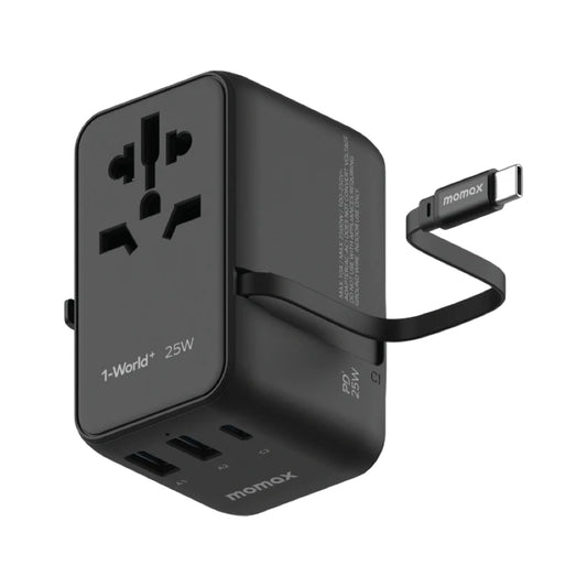 MOMAX 1-World+ 25W 3-Port w/ Built-in USB-C Cable + AC Travel Adaptor (Black)