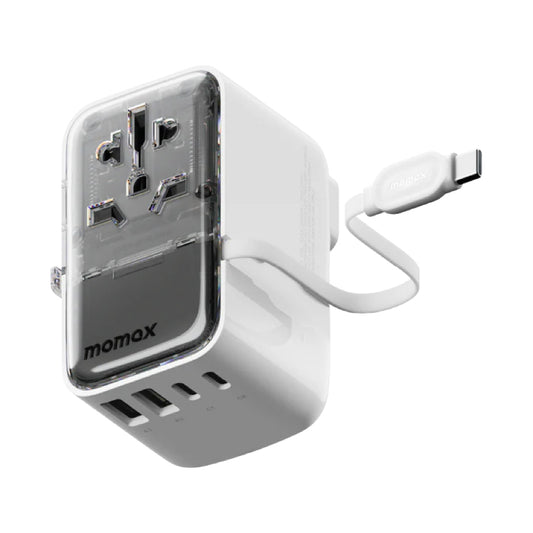 MOMAX 1-World+ Flow 35W 4-Port w/ Built-in USB-C Cable + AC Travel Adaptor (White)