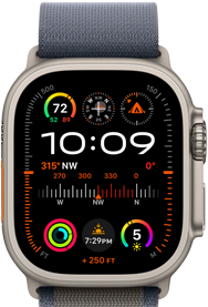 ภาพ Apple Watch Ultra 2 พร้อมสายแบบ Alpine Loop สีน้ำเงิน และแสดงหน้าปัดนาฬิกาที่มีกลไกหน้าปัดต่างๆ อย่าง GPS, อุณหภูมิ, เข็มทิศ, ความสูง และค่าวัดความฟิต