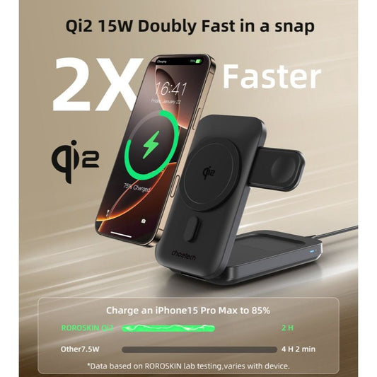 Choetech Qi2 3 in 1 wireless charger Foldable 15W - Black