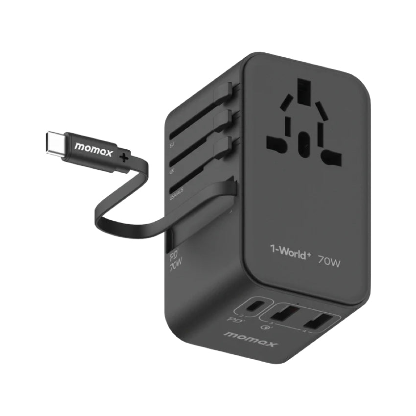 MOMAX 1-World+ 70W GaN 3-Port w/ Built-in USB-C Cable + AC Travel Adaptor (Black)