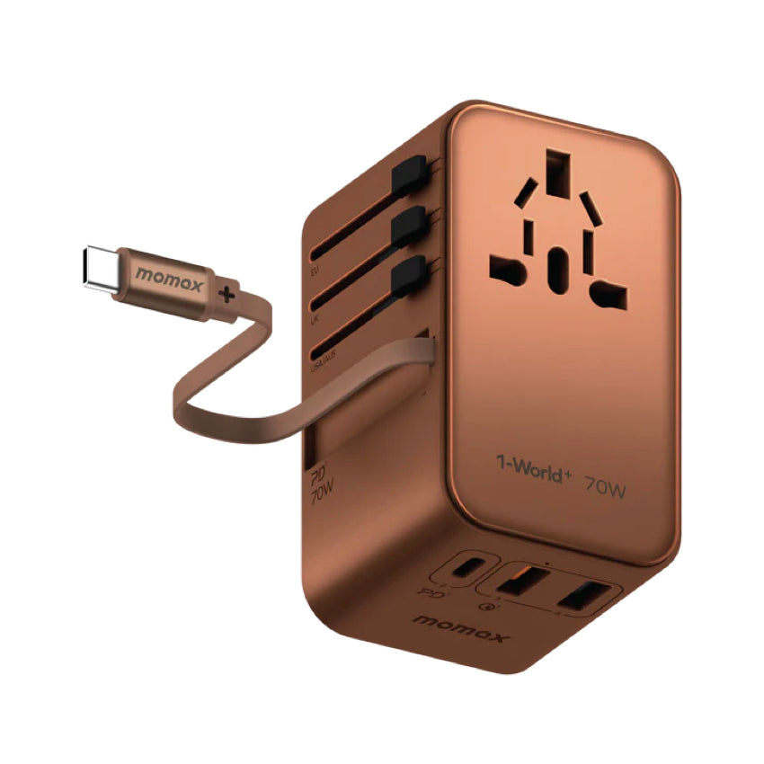 MOMAX 1-World+ 70W GaN 3-Port w /Built-in USB-C Cable + AC Travel Adaptorr (Sandstone)