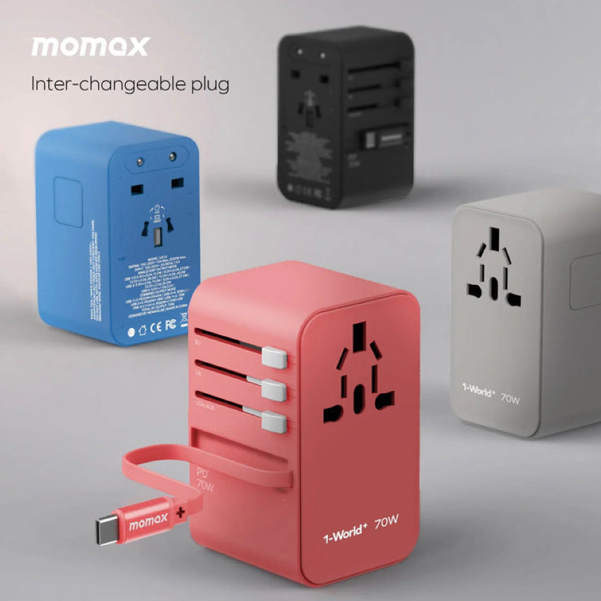 MOMAX 1-World+ 70W GaN 3-Port w /Built-in USB-C Cable + AC Travel Adaptorr (Sandstone)