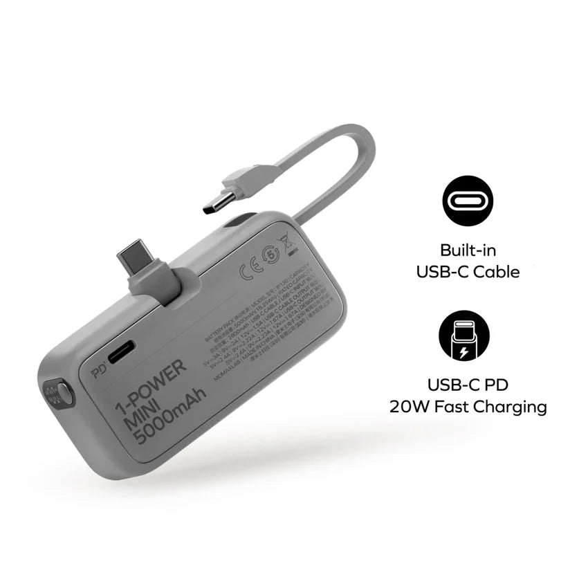 แบตเตอรี่สำรอง Momax 1-Power Mini 3-in-1 ความจุ 5000mAh (USB-C) สี White