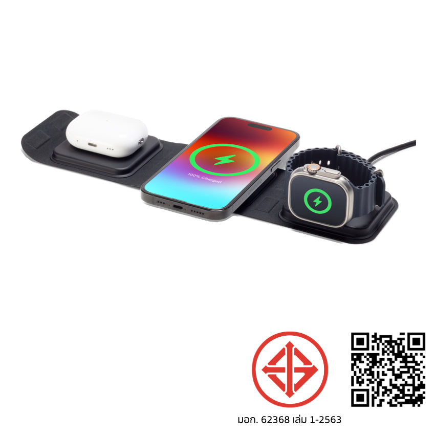 Mophie-UNV WRLS-3in1 travel charger w/ MagSafe-BLK-ROC-THI