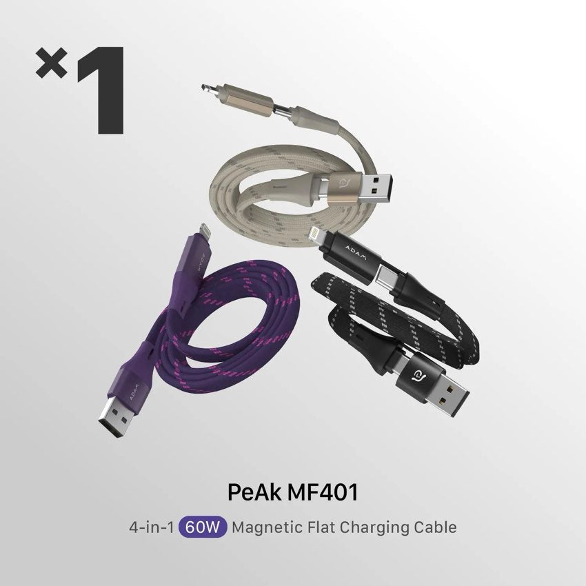 สายชาร์จ Adam Element PeAk 4 in 1 Magnetic Flat Cable 60W รองรับ USB-C, USB-A, Lightning ดีไซน์ทนทาน ชาร์จเร็วสูงสุด 60W ใช้ได้หลายอุปกรณ์