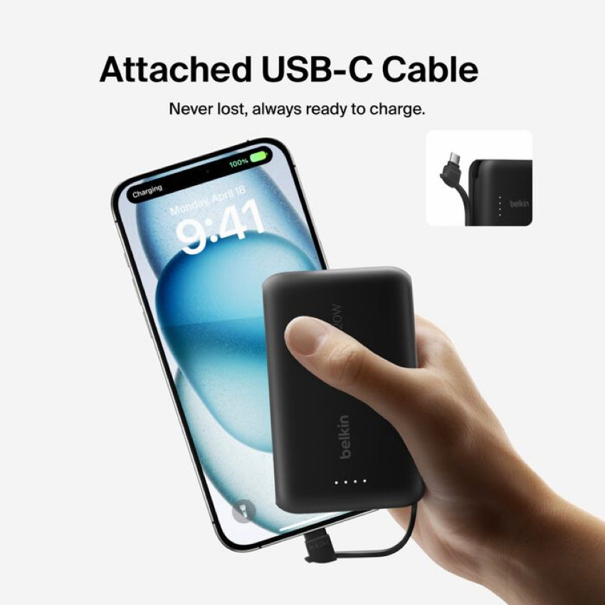 BELKIN BOOST CHARGE Power Bank 10K with built in cable-Black