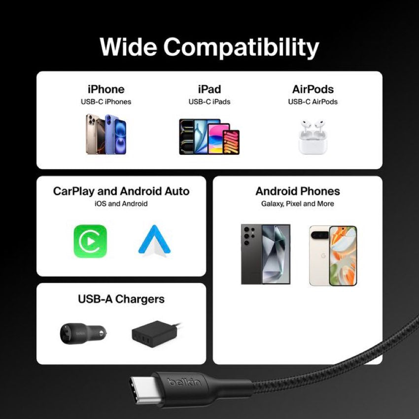 สายชาร์จ Belkin BoostCharge Pro USB-A to USB-C 15W ทนทาน ยืดหยุ่น ชาร์จ iPhone 16 ถึง 50% ใน 45 นาที พร้อมดีไซน์เป็นมิตรต่อสิ่งแวดล้อม