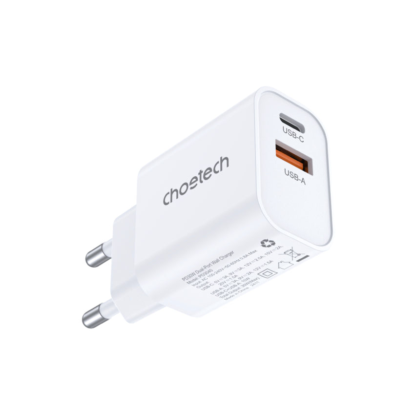 Choetech Dual USB-A and USB-C ports PD 30W TH Plug -White