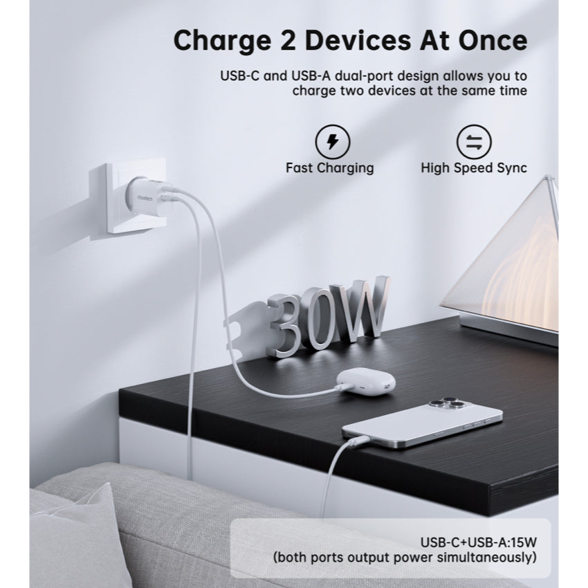 Choetech Dual USB-A and USB-C ports PD 30W TH Plug -White