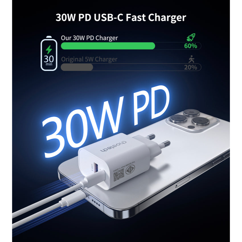 Choetech Dual USB-A and USB-C ports PD 30W TH Plug -White