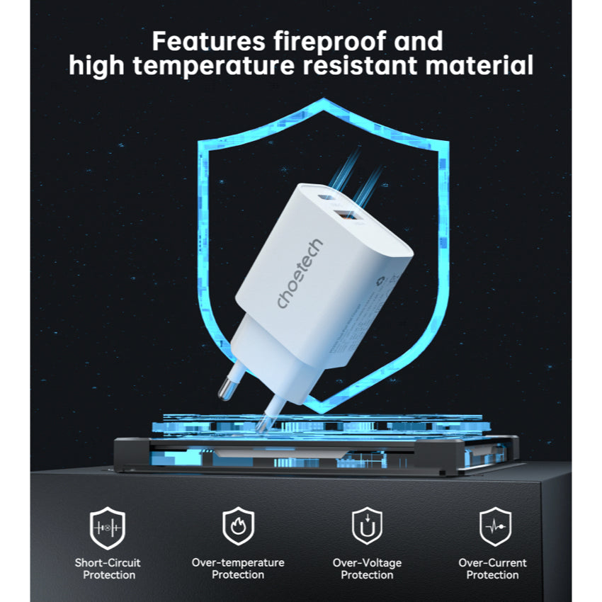 Choetech Dual USB-A and USB-C ports PD 30W TH Plug -White