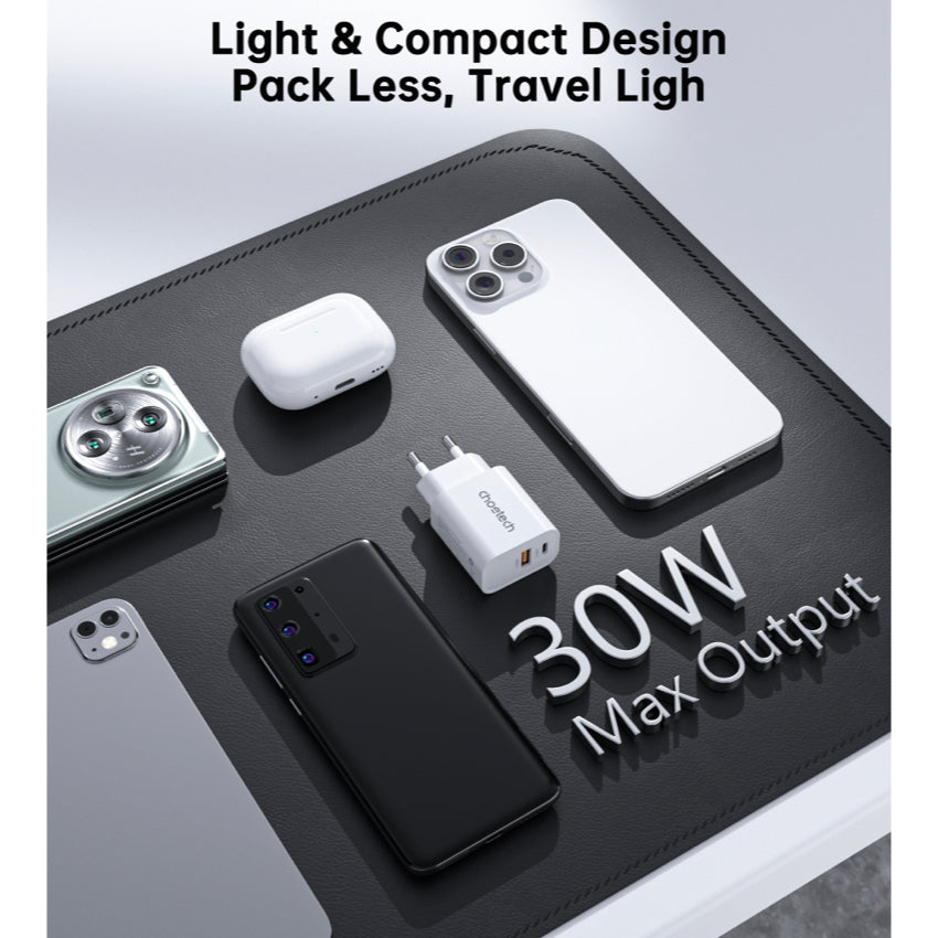 Choetech Dual USB-A and USB-C ports PD 30W TH Plug -White