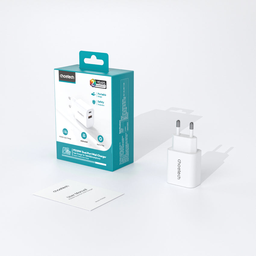 Choetech Dual USB-A and USB-C ports PD 30W TH Plug -White