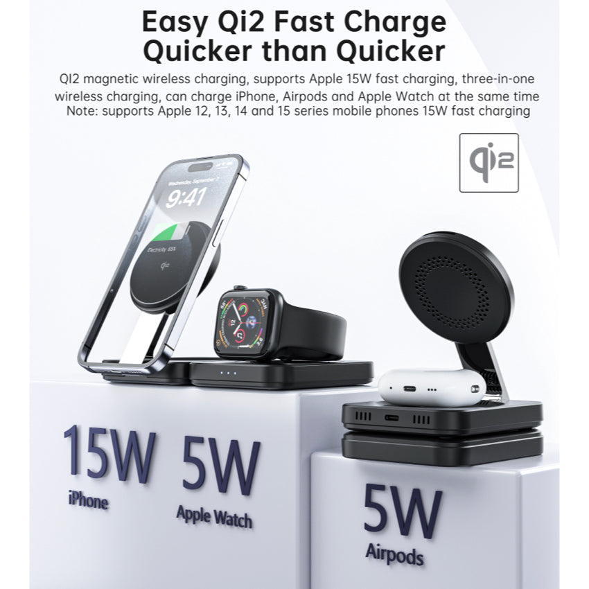 แท่นชาร์จชาร์จไร้สาย Choetech Qi2 3 in 1 Travel รองรับกำลังไฟ 15W สี Black