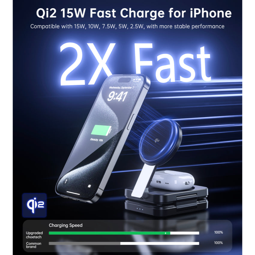 แท่นชาร์จชาร์จไร้สาย Choetech Qi2 3 in 1 Travel รองรับกำลังไฟ 15W สี Black