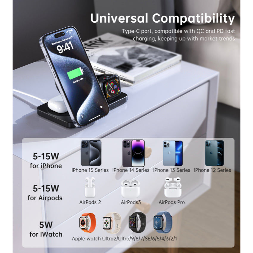 แท่นชาร์จชาร์จไร้สาย Choetech Qi2 3 in 1 Travel รองรับกำลังไฟ 15W สี Black