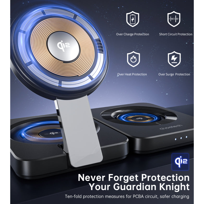 แท่นชาร์จชาร์จไร้สาย Choetech Qi2 3 in 1 Travel รองรับกำลังไฟ 15W สี Black