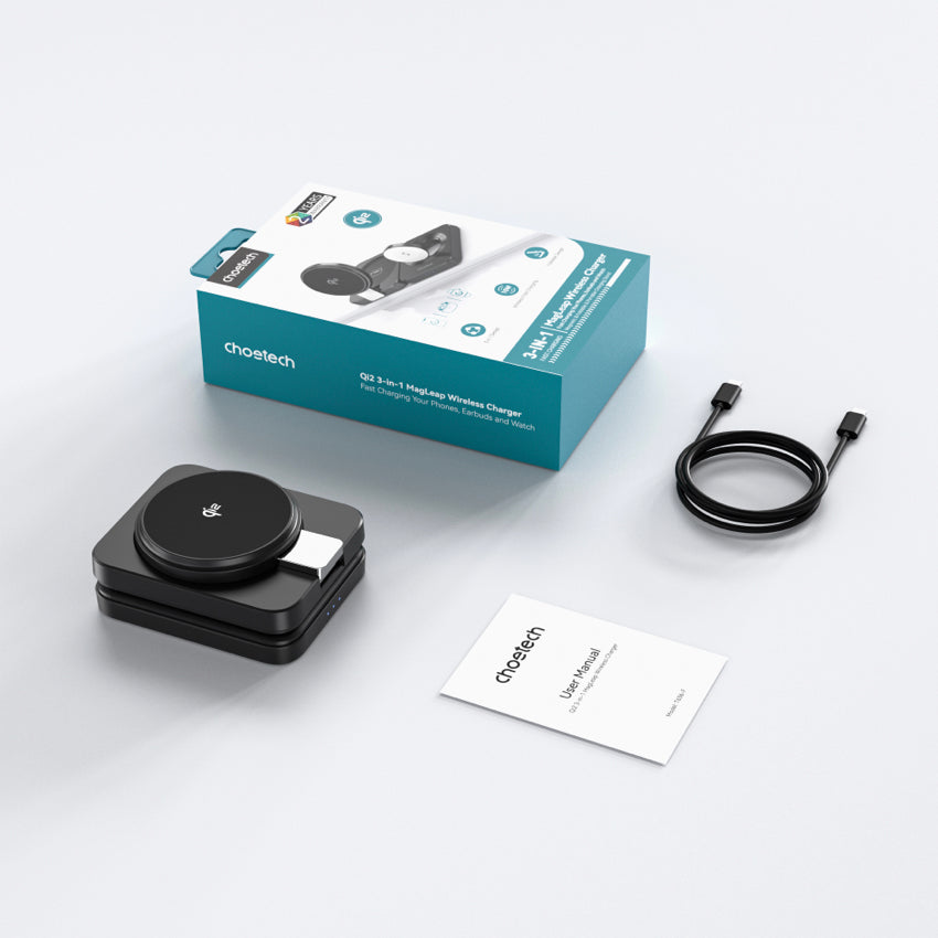 แท่นชาร์จชาร์จไร้สาย Choetech Qi2 3 in 1 Travel รองรับกำลังไฟ 15W สี Black