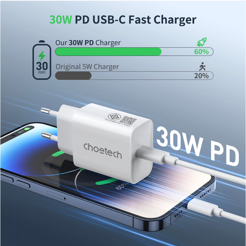 หัวชาร์จ Choetech USB-C Charge 30W (ปลั๊ก TH) สี White
