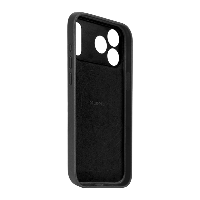 เคส iPhone 17 Pro DECODED หนังแท้ พร้อมวงแหวนโลหะและปุ่มกระจก – Black