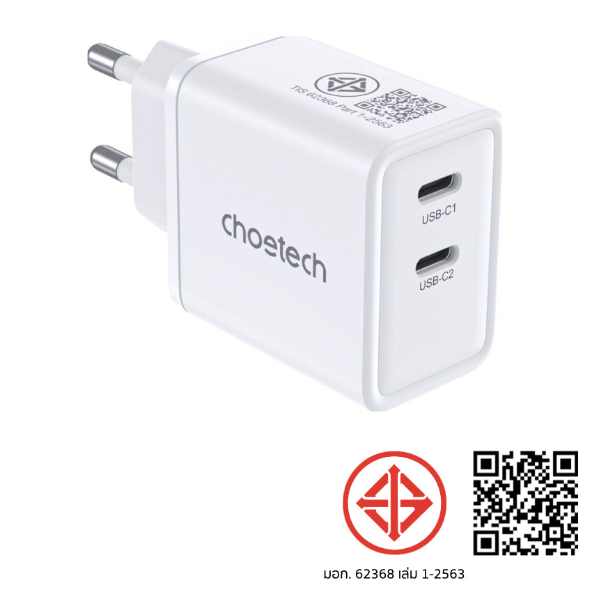 Choetech Dual USB-C ports PD 45W TH Plug -White
