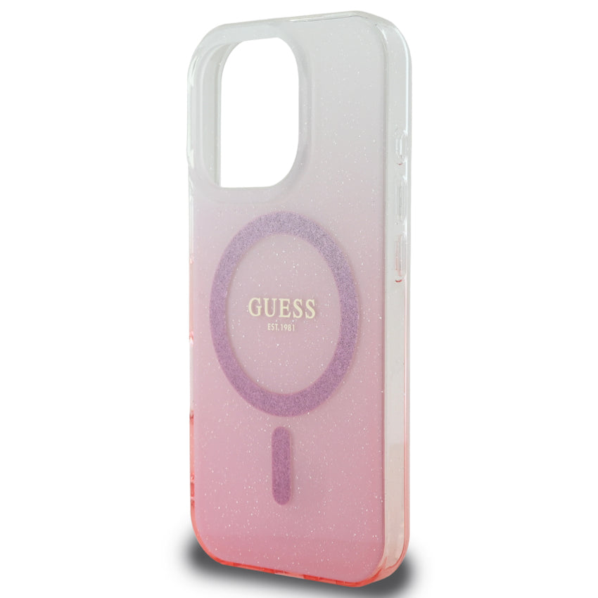 เคสไอโฟน Glitter Gradient รองรับ MagSafe สำหรับ iPhone 16 Pro Max สี Pink ดีไซน์ลํ้าสมัย จากแบรนด์ GUESS