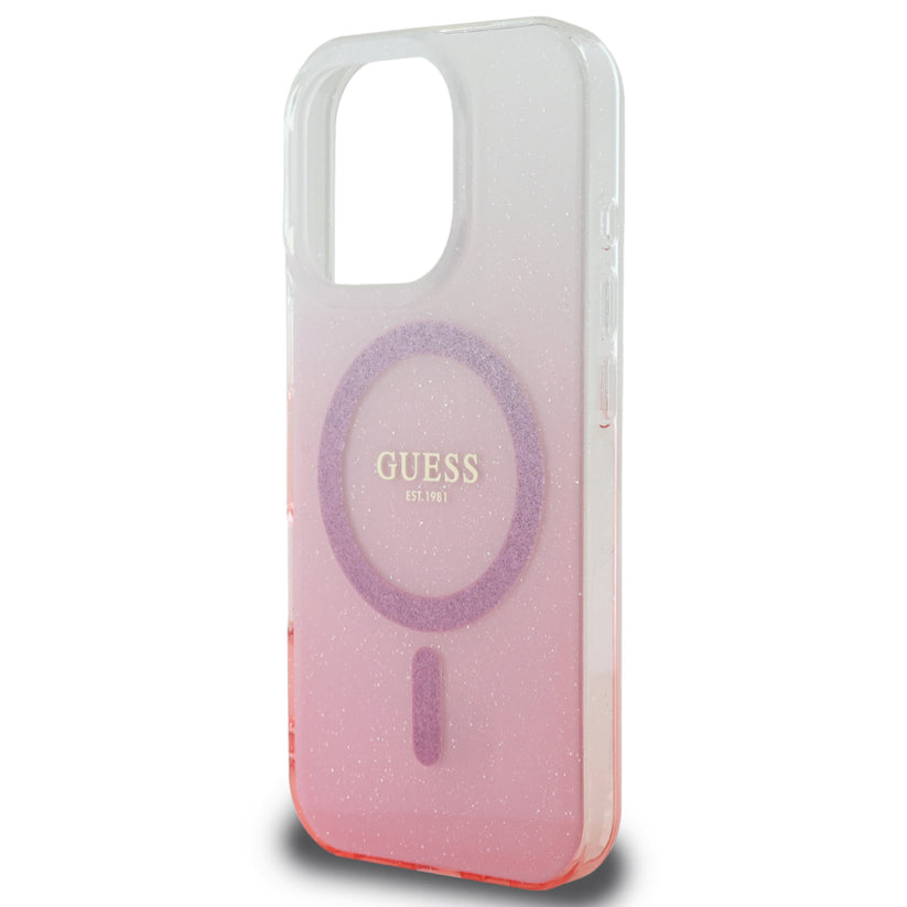 เคสไอโฟน Glitter Gradient รองรับ MagSafe สำหรับ iPhone 16 Pro Max สี Pink ดีไซน์ลํ้าสมัย จากแบรนด์ GUESS