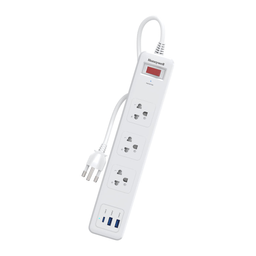 รางปลั๊กไฟ Honeywell 3 Outlet Surge Protector พร้อม USB-C x 1, USB-A x 2