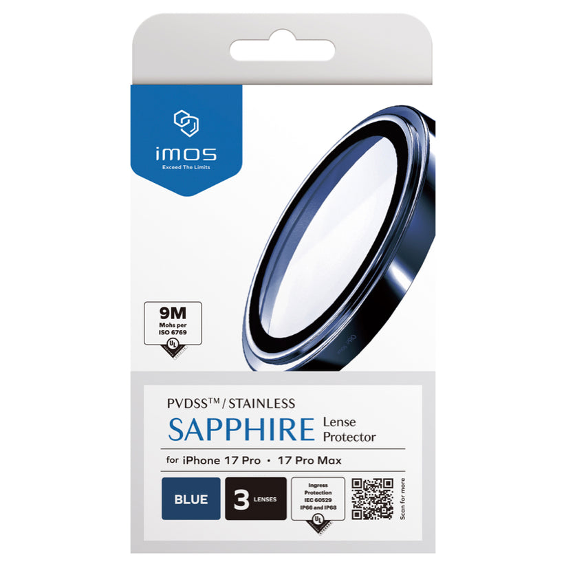 ฟิล์มกระจกป้องกันเลนส์ Sapphire Stainless สำหรับ iPhone 17 Pro / 17 Pro Max สี Blue กันกระแทก แบรนด์ IMOS