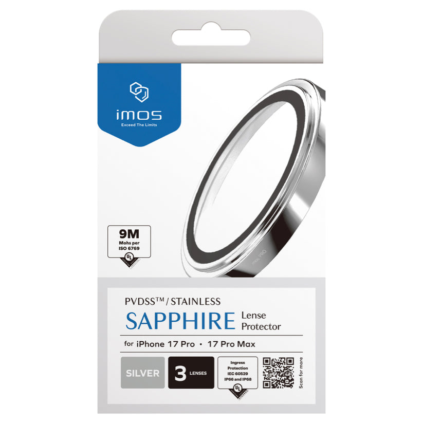 ฟิล์มกระจกป้องกันเลนส์ Sapphire Stainless สำหรับ iPhone 17 Pro / 17 Pro Max สี Silver กันกระแทก แบรนด์ IMOS
