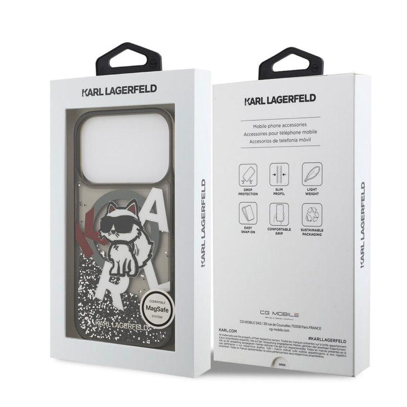 เคสกันกระแทก KARL Scattered Choupette Liquid Glitter MagSafe สำหรับ iPhone 17 Pro ดีไซน์หรูหรา ปกป้องรอบด้าน เข้าถึงพอร์ตง่าย รองรับชาร์จไร้สาย