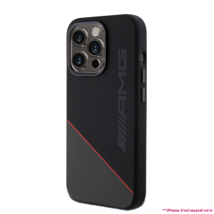 Mercedes Benz-Amg Mag Liquid Silicone Two Tones Red Line for iPhone 15 Pro - Black
