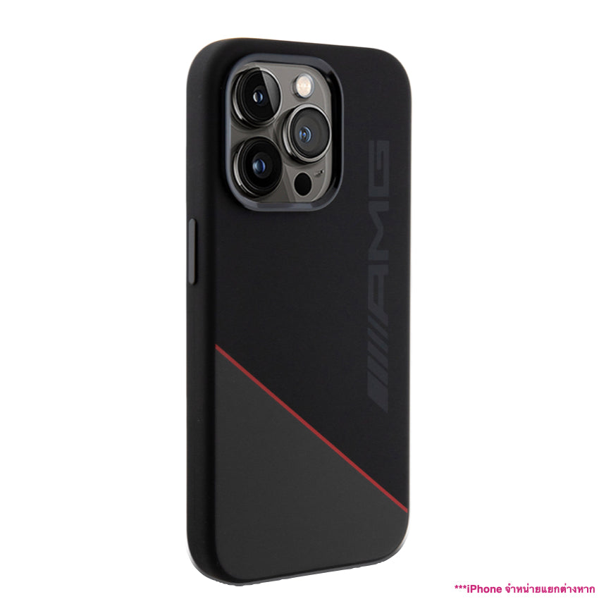 Mercedes Benz-Amg Mag Liquid Silicone Two Tones Red Line for iPhone 15 Pro - Black