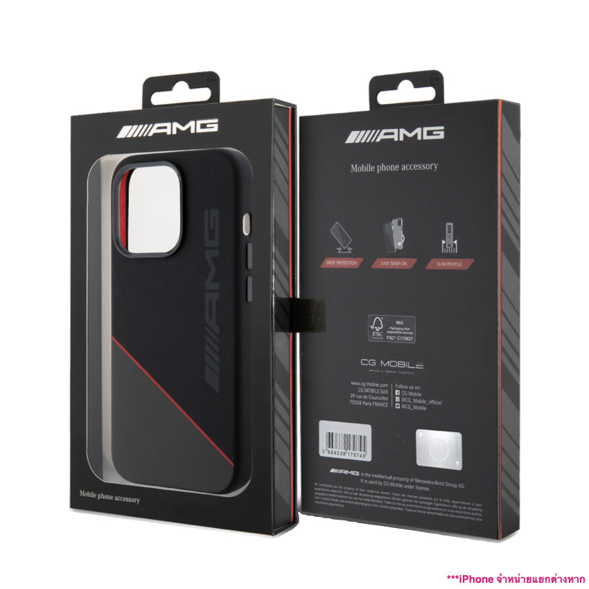 Mercedes Benz-Amg Mag Liquid Silicone Two Tones Red Line for iPhone 15 Pro - Black