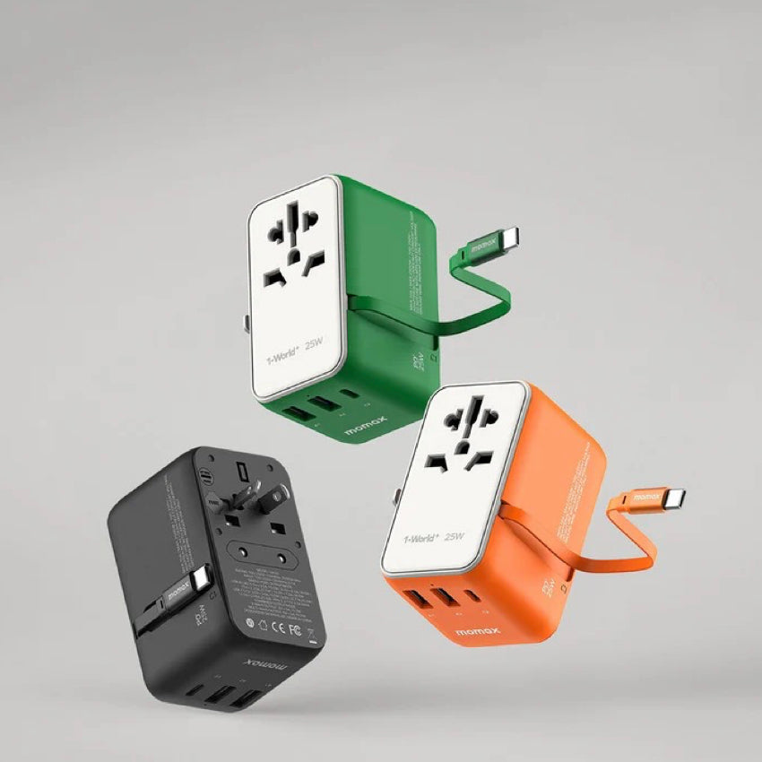 MOMAX 1-World+ 25W 3-Port w/ Built-in USB-C Cable + AC Travel Adaptor (Sandstone)