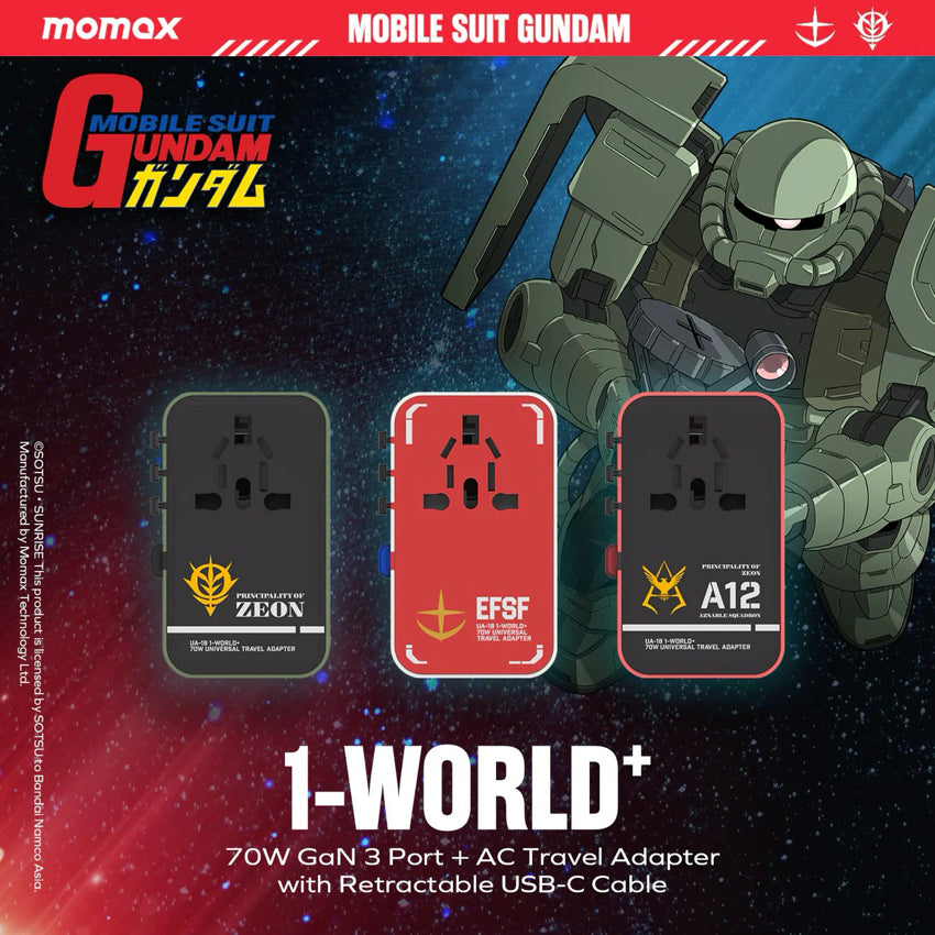 หัวชาร์จสำหรับเดินทาง Momax 1-World+ GaN 70W พร้อมสาย USB-C ในตัว (มี 3 พอร์ต) สี Zuku Red