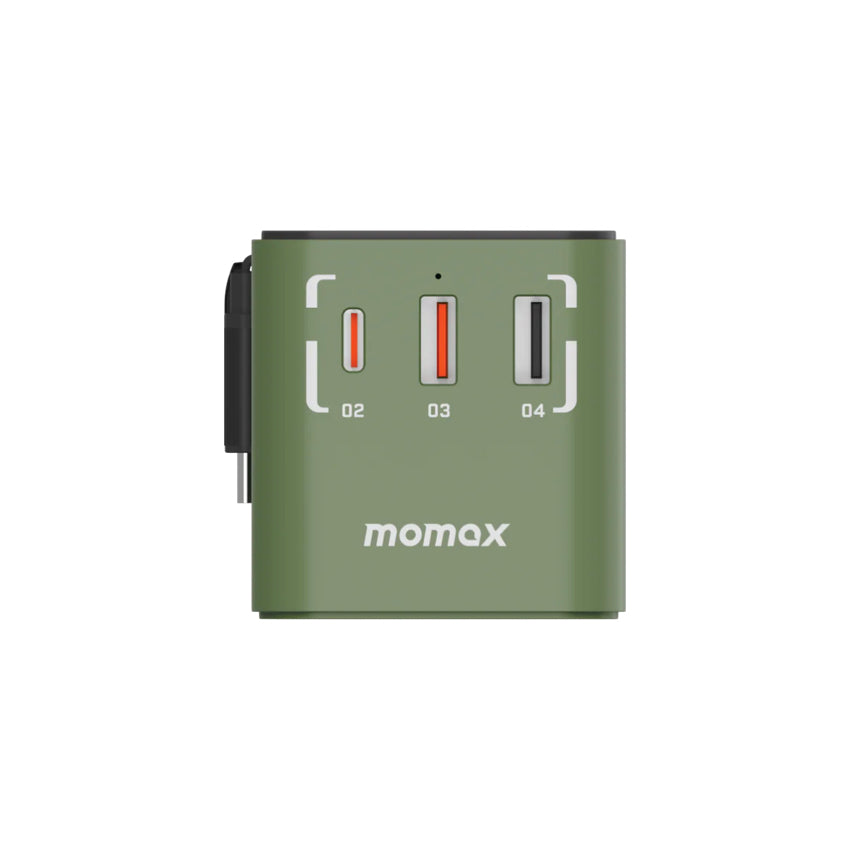 หัวชาร์จสำหรับเดินทาง Momax 1-World+ GaN 70W พร้อมสาย USB-C ในตัว (มี 3 พอร์ต) สี Zuku Green