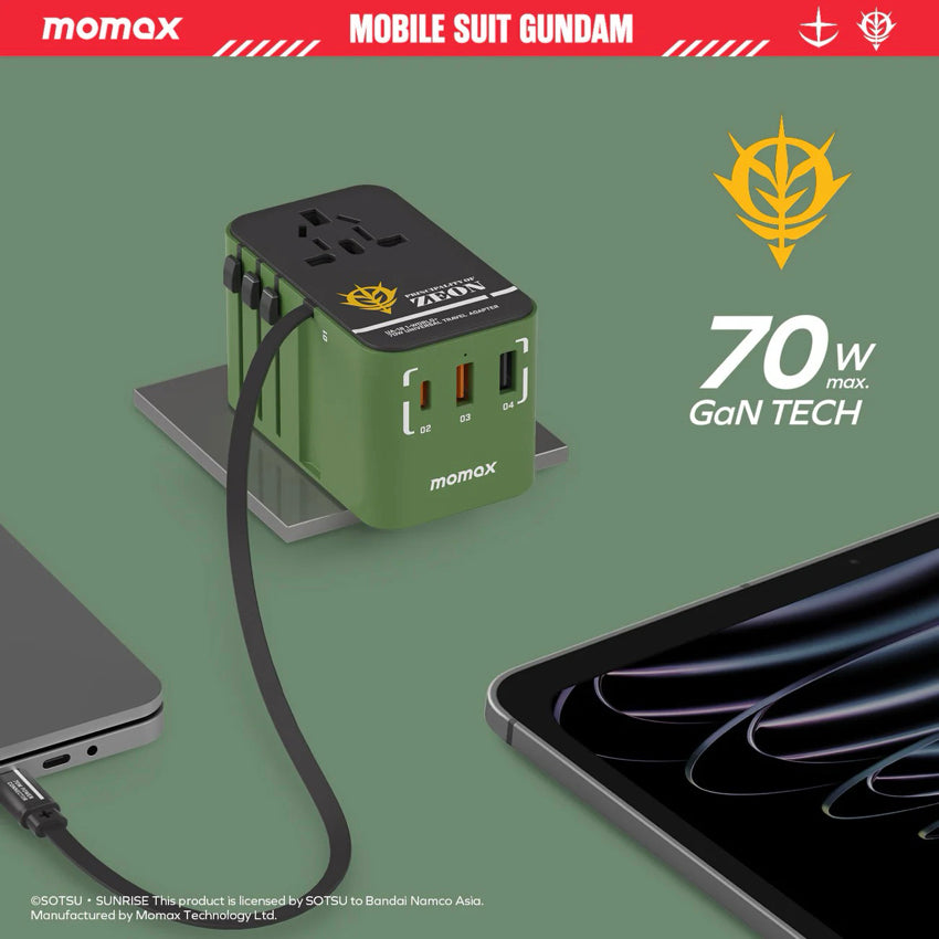 หัวชาร์จสำหรับเดินทาง Momax 1-World+ GaN 70W พร้อมสาย USB-C ในตัว (มี 3 พอร์ต) สี Zuku Green