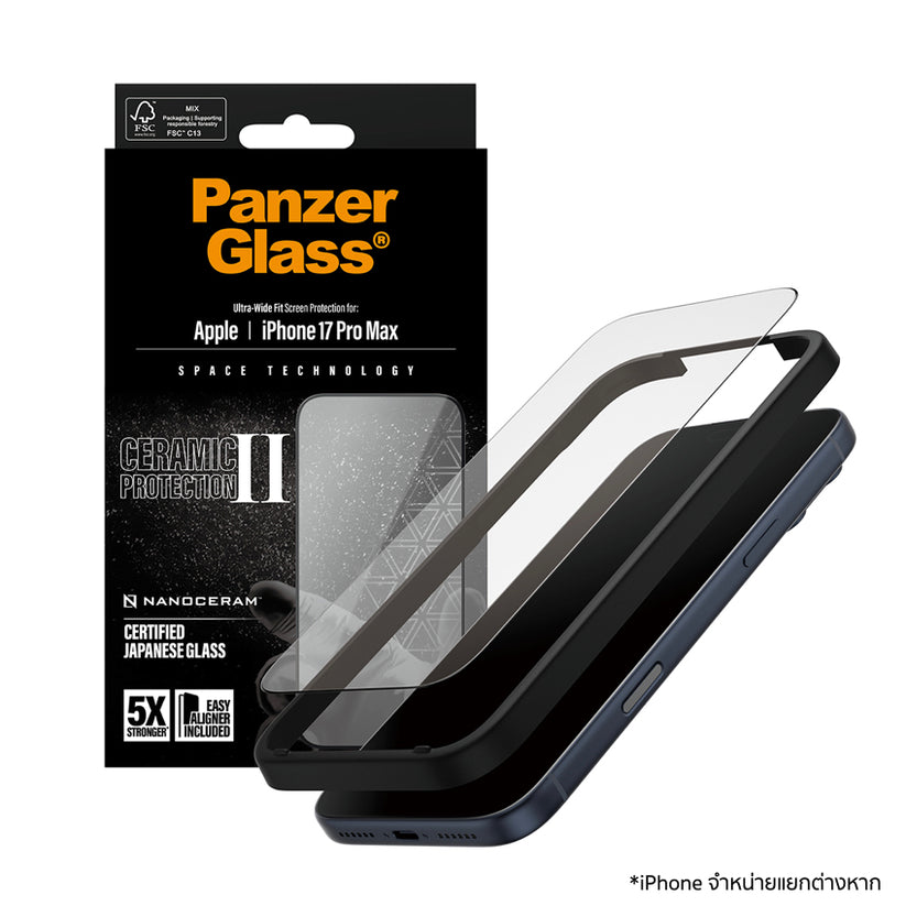 ฟิล์มกระจก PanzerGlass Ultra Wide Fit Ceramic สำหรับ iPhone 17 Pro Max ติดตั้งง่าย