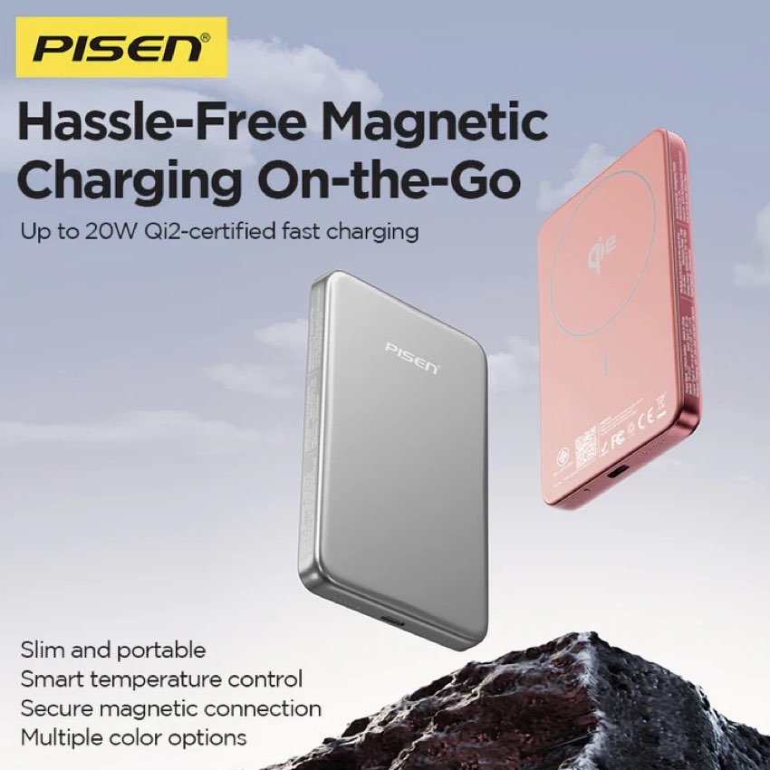 แบตเตอรี่สำรองไร้สาย Pisen SleekVolt 20W ความจุ 5000mAh ดีไซน์บางพรีเมียม รองรับ MagSafe Qi2 ชาร์จเร็ว พกพาง่าย ใช้งานสะดวกทุกวัน