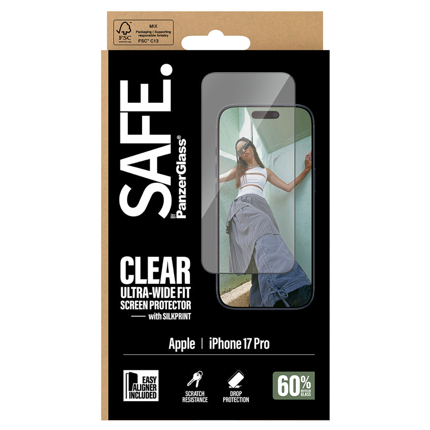 ฟิล์มใสขอบดำ Ultra Wide Fit สำหรับ iPhone 17 Pro ปกป้องหน้าจอ แบรนด์ SAFE