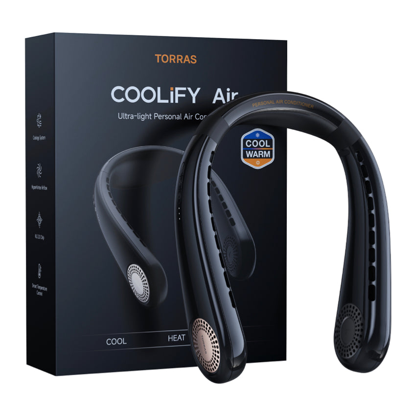 พัดลมคล้องคอ Torras Coolify Air สี Golden Black ให้ความเย็นได้นานถึง 24 ชั่วโมง พกพาสะดวก ใช้งานง่าย
