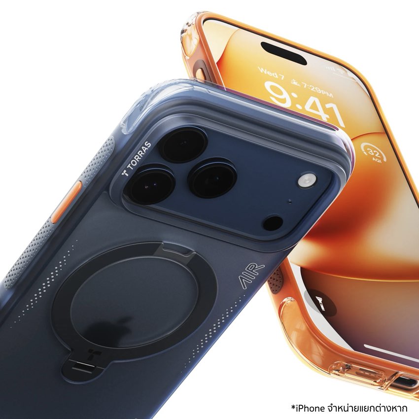เคสกันกระแทก iPhone 17 Pro Max Torras Ostand Spin Air Series ปกป้องรอบด้านด้วยเทคโนโลยี AirMAX Airbag ขาตั้งหมุนได้ 360° และแม่เหล็กแรงสูง รองรับ MagSafe อย่างมั่นคง