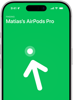 iPhone 17 Pro, Find My with Precision Finding screen, text: Matias's AirPods Pro