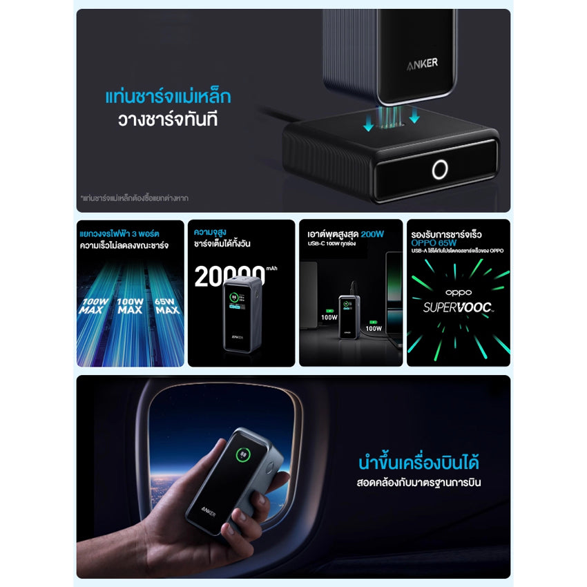 แบตเตอรี่สำรองแบบพกพา Anker Prime 20000 มิลลิแอมป์ กำลังไฟสูงสุด 200 วัตต์ สี Black